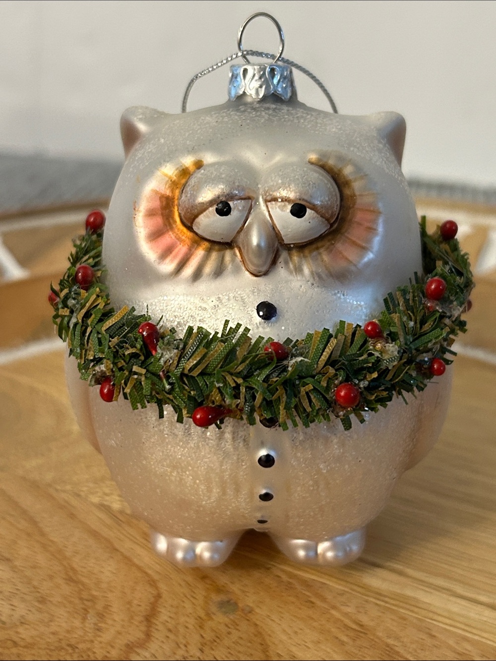 Chubby Owl Holiday tree Ornament with Pine Berry Wreath frosted glass texture